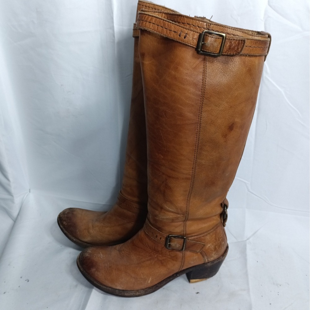Distressed Frye Melissa Side Zip Leather Riding Boots Cognac Brown Womens 8 B s8